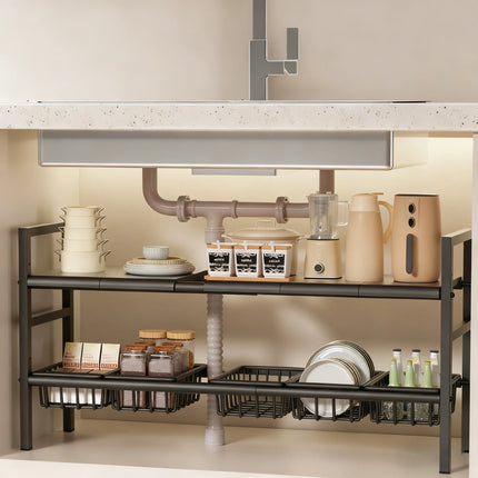 Under-Sink Kitchen Storage Rack/Shelf, Extendable, Single/Double Layer Storage Solution, Made of Steel, Perfect for Kitchen Use, Ideal for Laundry Rooms, under the Sink, Maximizes Space, Easily Stores Various Bottles and Spic