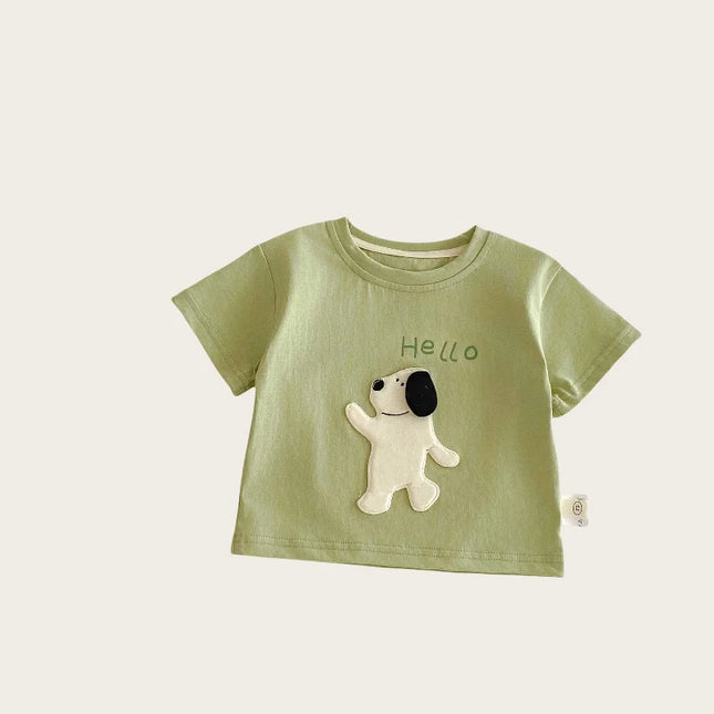 2026 New Summer Kids Clothes Cute Cartoon Patch Short Sleeve T-shirt 0-5Y Girls Boys Letter Print Casual Soft Undershirt