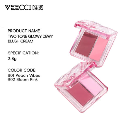 VEECCI Dual-color Watery Blush Cream Multi-functional Matte Cheek Rouge Creamy Moisturizes Longlasting Naturally Brighten Makeup