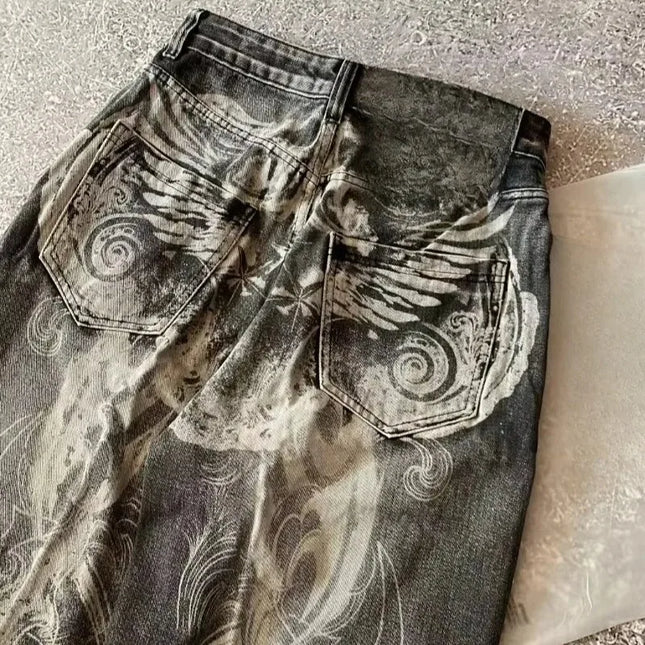 Mens Jeans Harajuku Streetwear Oversized Print Baggy Y2K Gothic Hip Hop Vintage High Waist Wide Leg Denim Pants Casual Fashion
