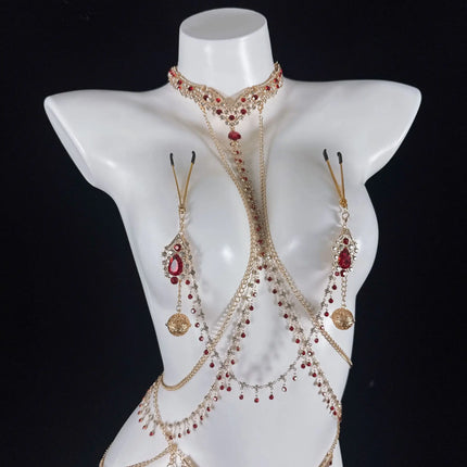 Ruby Red Sexy Body Chain Chest Chain Collar Waist Chain Nipple Clamps Nipple Stimulation Women's Wear Adult Toy SM Training Tool