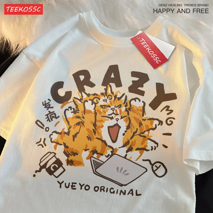 Crazy Orange Cat Light Green Funny Cat Work Shoulder Drop Short Sleeve T-shirt For Women Casual Pure Cotton Loose Fit Tees New