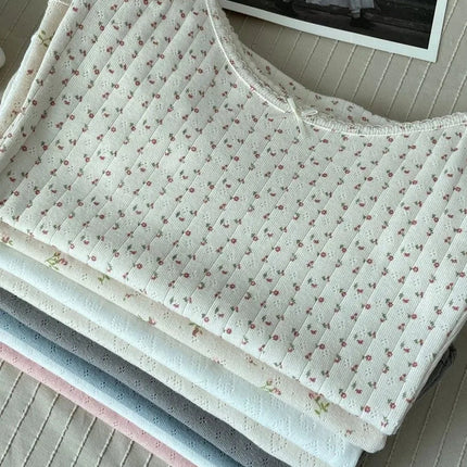 Sweet Floral Print Eyelet Bow Cropped Vests Women Cotton Casual Slim Lace Trim Tank Tops Vintage Preppy Style Cute Camisole Y2K