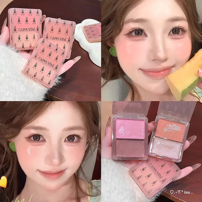 Cappuvini Double Water Glow Blush Cream Hydrating Blusher with Fine Shimmer Natural Makeup Effect Blush Palette