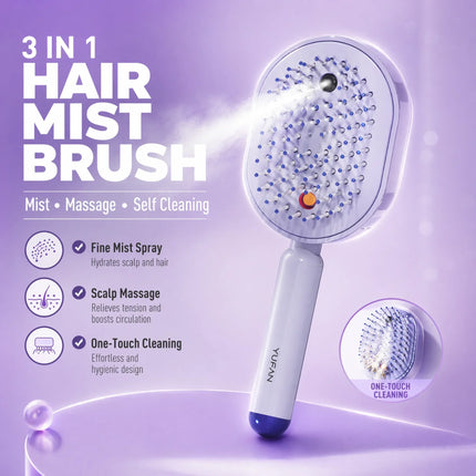 Self Cleaning Hair Brush with Mist Spray Scalp Massager Anti Frizz Detangling Comb Portable Rechargeable Hair Care Tool