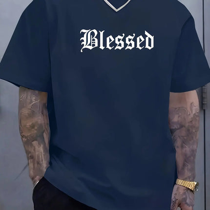 Men's summer 100% pure cotton fashionable casual loose Blessed letter pattern printed sports round neck short sleeved T-shirt