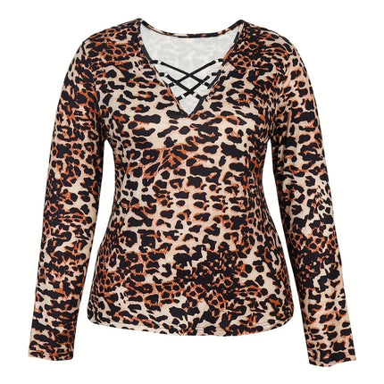 Plus Size Womens Elegant Leopard Print Long Sleeve Top Lace Trim Deep V-Neck Suitable for plus size wear Fashion Sexy