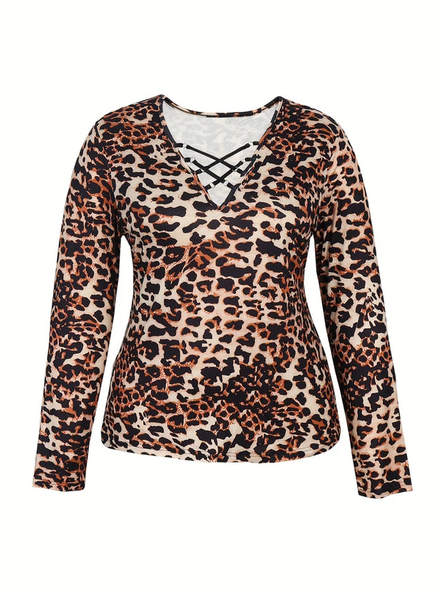 Plus Size Women's Elegant Leopard Print Long Sleeve Top Lace Trim Deep V-Neck Suitable for plus size wear Fashion Sexy