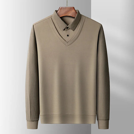 Men's Casual Fashion Long Sleeve Solid Color Polo Shirt 2025 Business Versatile Top All Season Fake Two-Piece