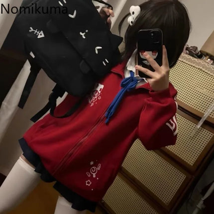Black Cute Sweatshirts Coat 2025 Women's Clothing Stand Neck Zipper Jackets Y2k Tops Fashion Casual Anime Hoodies Ropa Mujer