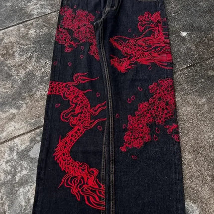 Harajuku Japanese Jeans Mens New Dragon High Quality Jeans Gothic Vintage Hip Hop Streetwear Denim Fabric Wide Leg pants