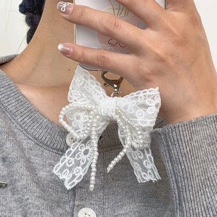 Korean Cute Lace Bow Pearl Beaded Phone Pendant Chain Accessories Aesthetic Ballet Shoes Camera Bag Decoration Keychain Gift