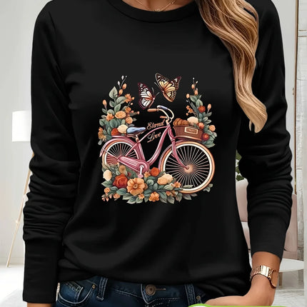 Women's Casual Long Sleeve T-Shirt Black Bicycle & Butterfly Floral Print 100% Cotton Round Neck Top for Spring/Summer
