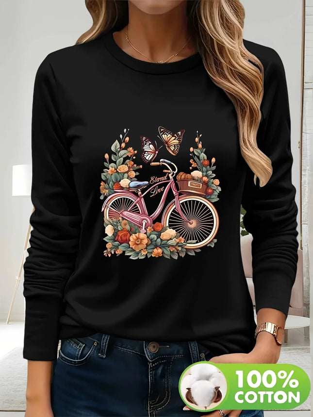 Women's Casual Long Sleeve T-Shirt Black Bicycle & Butterfly Floral Print 100% Cotton Round Neck Top for Spring/Summer