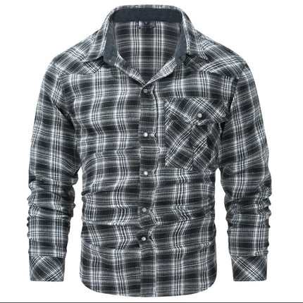 Men's Shirts Spring Flannel Long Sleeve Plaid Checkered Brushed Casual Western Cowboy Pearl Snap Shirt Popular Clothes US Size