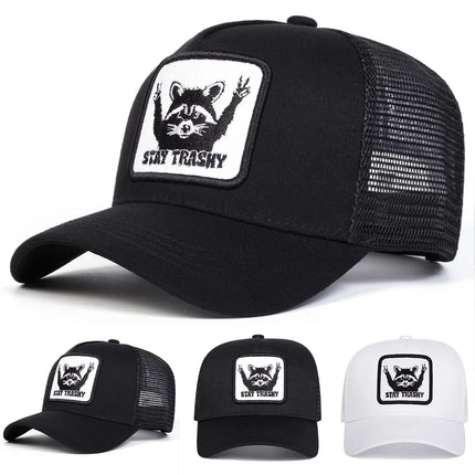 Unisex STAY TRASHY Raccoon Embroidery Baseball Net Caps Spring Summer Outdoor Adjustable Casual Hats Sunscreen Hat Sports Cap