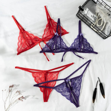 2Pcs/Set Women's Sexy Lace Transparent Lingerie Set Bikini Low-Waisted Thong Pants Dating Pajama Set