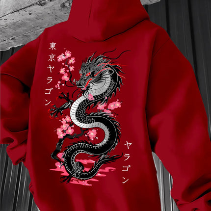 Autumn Winter Viral Korean Streetwear Double Sided Japanese Dragon Sakura Print Hoodie Y2K Eboy Oversized Long Sleeve Pullover