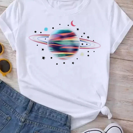 Women Moon Planet Print Fashion Tee Shirts Casual Round Neck Short Sleeve Streetwear Female T-Shirt Vintage Tops