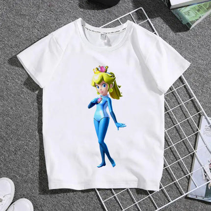 The New 2026 Super Mario Mary Cartoon Parent-child Outfit Male and Female Students Summer White T-shirt with Short Sleeves