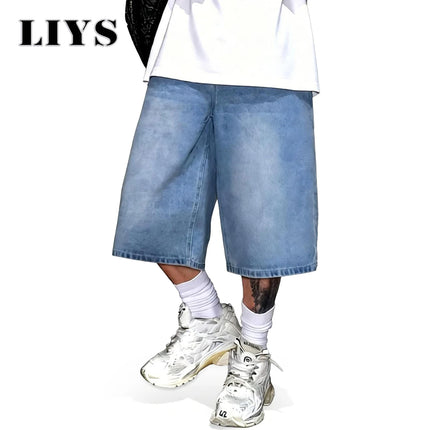 LIYS Men's Simple Light Blue Retro Ultra Baggy Wide-Leg Denim Shorts Student Youth Street Casual Oversized Baggy Jeans Unisex