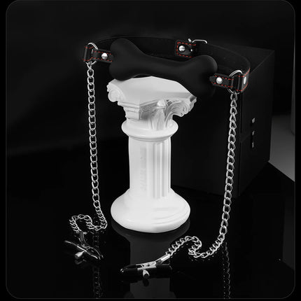BDSM Silicone Bone Gag with Red Stitching Puppy Play Pet Play Role Play Adjustable Leather Strap Bondage Adult Toy for Couples
