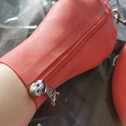 Latex Fetish Hand Bondage Boxing Gloves w/o Finger  Tight Clasp Iron Ring  Lockable  Zipper Available