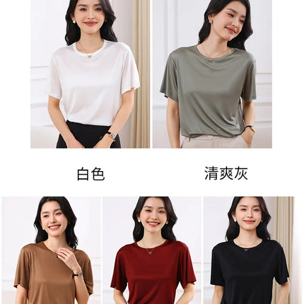 Summer Women's Short Sleeve O-Neck T-Shirt Knitted Acetate Fabric High-End Thin Pullover Top for Ladies