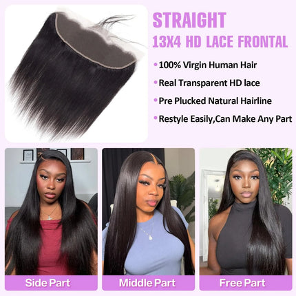 13x4 Lace Frontal Closure 100% Brazilian Human Hair Straight Pre-Plucked with Baby Hair Ear to Ear Bleached Knots Natural Black