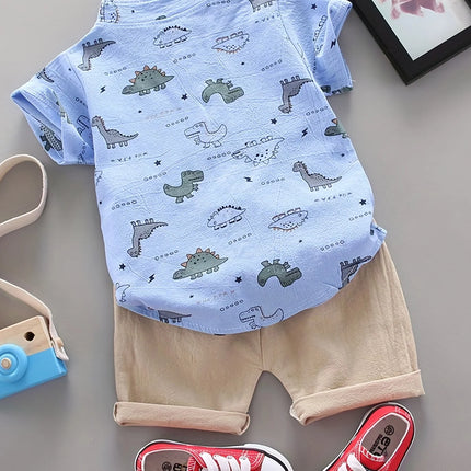 Infant and toddler summer full print small dinosaur pattern short sleeved shorts set, outdoor standing collar shirt, fashionable