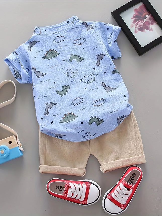 Infant and toddler summer full print small dinosaur pattern short-sleeved shorts set, outdoor stand-up collar shirt, fashionable