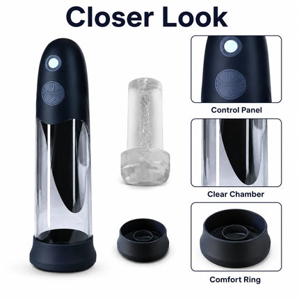 Automatic Waterproof Men Hydro Penis Pump Trainer with Clear Chamber, Removable Sleeve, Private Care Cup and One Touch Control