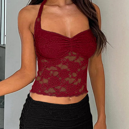 Spring/Summer 2025 New Arrival Women's Y2K Style Sleeveless Lace-Trimmed Fitted T-Shirt Lace-Tie Plain-Colour Tank Top