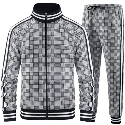 New Spring Autumn Plaid Printed Mens Zipper Jacket Sports Wear Sweatshirt Casual Outdoor Sports Checks Tracksuit Coat+Pant Set