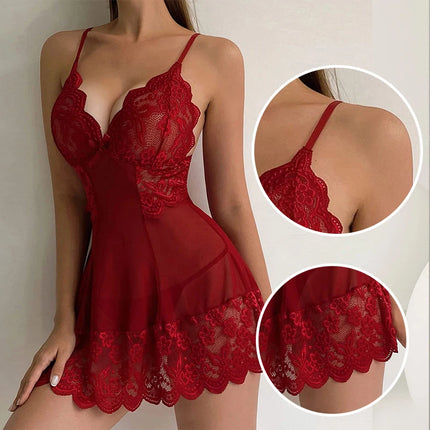 Women's Lace Tight Fitting Clothes Sexy Transparent Pajamas Flower Lace Sheer Dress Sexy Mesh Fabric Dress Pajamas