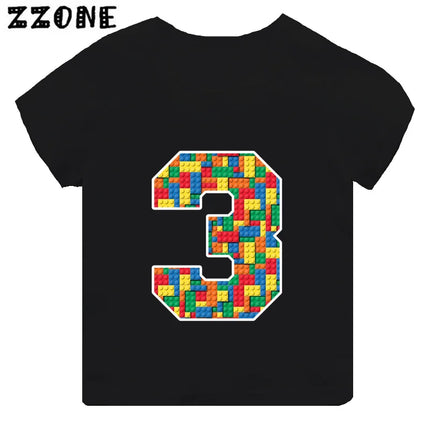 Building Blocks Bricks Number Bow Print Cartoon Boys Clothes 1 2 3 4 5 6 7 8 9 Years Birthday Kids T-shirt Baby Girls T-Shirts