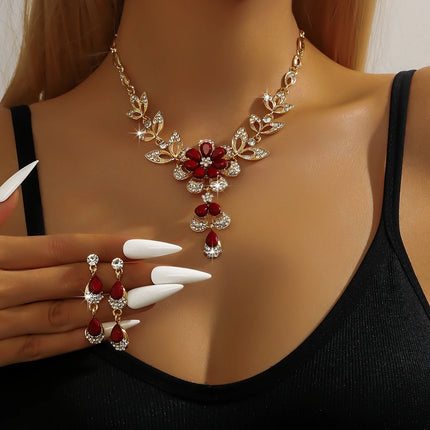3PC Women's Fashion Trend Black Gold Flower Necklace Earrings Jewelry Set Wedding Banquet Party Festival Gift