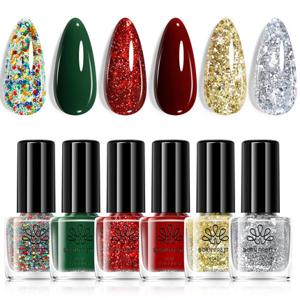 BORN PRETTY 6PC 6ml Red Green Glitter Nail Polish Set Christmas Carnival Gold Silver Quick Dry Manicure DIY Home Salon Nail Kit