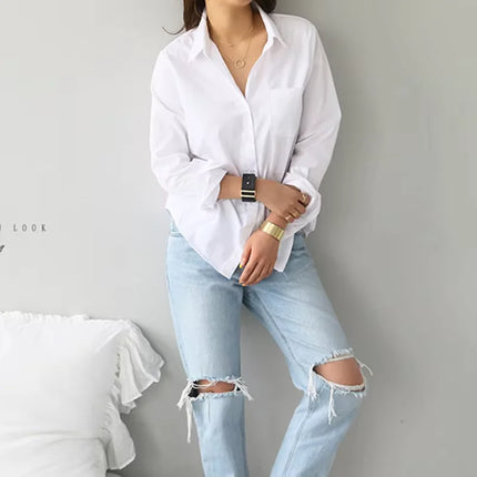 Women Office Lady Elegant Shirts Fashion Long Sleeve Casual White Blouses Turn-down Collar OL Style Loose Top