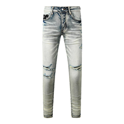 Fashionable new light blue men's jeans with pleats, washed with water, nostalgic perforation patch, men's jeans, high street des