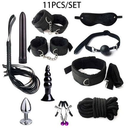 Erotic BDSM Kits for Couples - Sex Bondage Set with Handcuffs Gag Whip Nipple Clamps Anal Butt Plug Tail - Adult Toys for Women