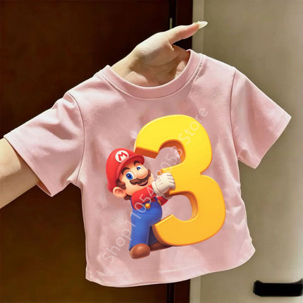 2026 New Super Mario Bros Children's Pure T-shirts Anime Birthday Numbers 1-9, Cute Anime Children's Casual T-shirts