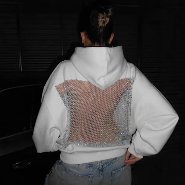Streetwear Trendy Hoodie Women Fashion Solid Color See Through Backless Hooded Pullover Sweatshirt Female High Street 2025 New