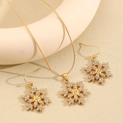 2-Piece Set of Fashion Diamond Studded Snowflake Pendant Earrings, Elegant Women's Christmas Trendy Snowflake Pendant Necklace