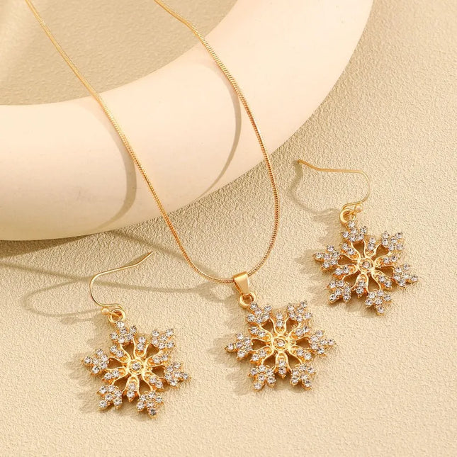 2-piece Set of Fashion Diamond Studded Snowflake Pendant Earrings, Elegant Women's Christmas Trendy Snowflake Pendant Necklace