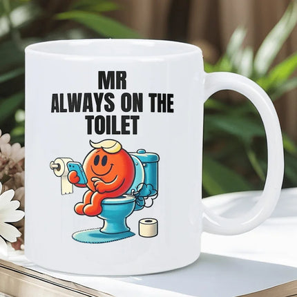 Funny "Mr. Always Going to the Toilet" 11 oz Ceramic Mug - Novelty Coffee Mug with Orange Character Design, Hand Washable