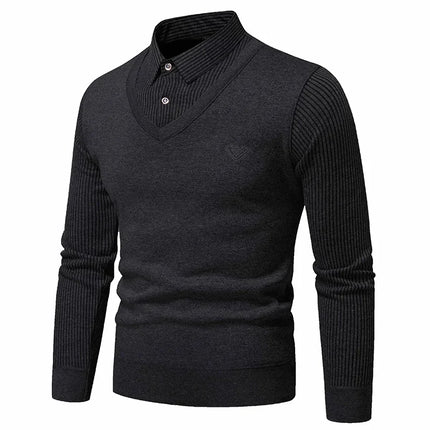 Autumn and Winter New Collection with Fleece Fake Two Piece Long Sleeved Polo Shirt for Men Fashionable and Casual Versatile Top
