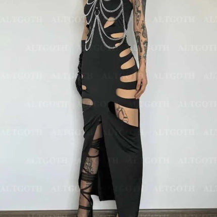 AltGoth Harajuku Gothic Dark Dress Women Streetwear Cyber Punk Y2k E-girl Grunge Sexy Hollow Out High Waist Bodycon Dress Female