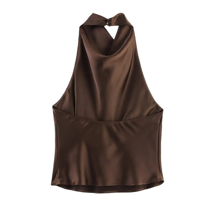 JNLEAOG Autumn New Women's Fashion Design Silk Satin Feel Hanging Neck Dress European Sleeveless Slim Fit Polyester Velvet