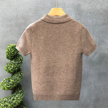 Men's Polo Neck Short Sleeve Knitted Sweater Slim Fit Summer Fashion Turn-down Collar Base Shirt Casual Style Pure Color